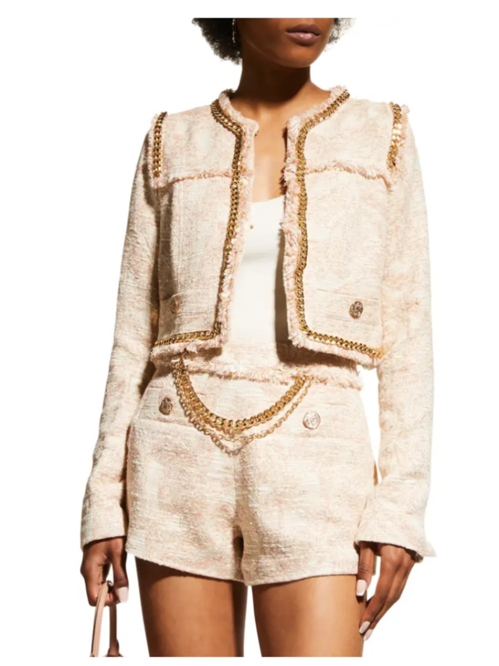 Ramy Brook Steffy Fringe-Trim Tweed  Gold Metal Accents Cropped Jacket Size 2